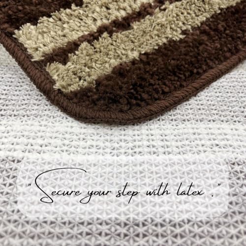 Image of VAS COLLECTIONS Microfiber Solid & Striped Anti-Skid Bath Mats - Pack of 2 (Brown & White, 35x50 cm)