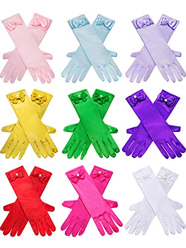 Zhanmai 9 Pairs Girls Satin Gloves Dress up Princess Bows Gloves Long Formal for 3-8 Years Girls Wedding Pageant 9 Colors