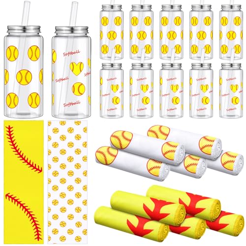 SmoothNovelty 24 Pcs 14.2 Oz Softball Plastic Cups Bulk Softball Cooling Towel Set Include 12 16.9 Oz Sport Theme Cups with Straw and Lid 12 Ice Towel for Sport Party Favors Player Team Gifts