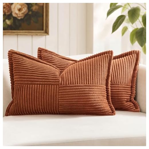 MIULEE Dark Rust Decorative Lumbar Throw Pillow Covers for Couch Bed Livingroom 12x20 Inch Set of 2 Boho Accent Throw Pllows Broadside Striped Patchwork Soft Corduroy Pillowcases