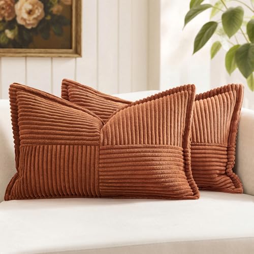 Image of MIULEE Fall Dark Rust Decorative Lumbar Throw Pillow Covers for Couch Bed Livingroom 12x20 Inch Set of 2 Boho Accent Throw Pllows Broadside Striped Patchwork Soft Corduroy Pillowcases, Terracotta