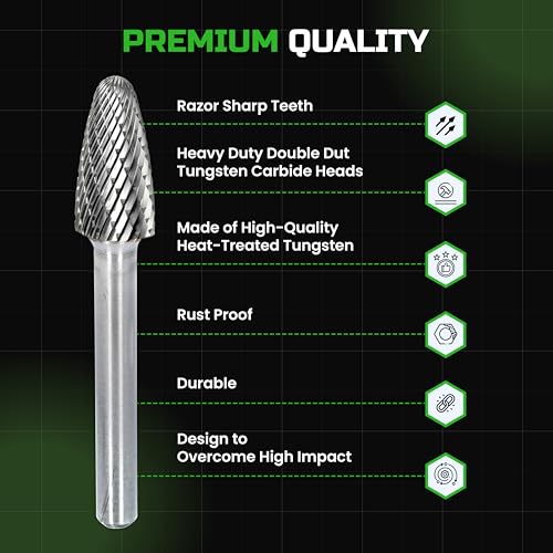 Staten Tools 6MM-10 Carbide Burr Set 1/4 Inch Shank – 10 Pcs Double Cut Die Grinder Bits For Milling, Carving, Engraving, Deburring, Drilling Wood & Metals thumb #3