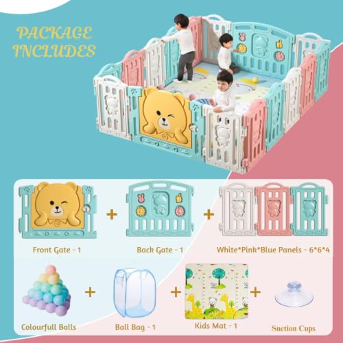 Image of 18 panel Playpen for Babies 0-3 Years Foldable with Mat and Balls Baby Play Area Indoor Setup Play Yard Fence for Toddlers Kids Playarea Setup Outdoor Children Play Pen with Gate Baby Playpen (6 x 6 ft=36 SQFT)