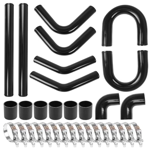 3 Universal Intercooler Kit Aluminum Turbo Intercooler Piping U-Pipe Kit with Coupler and T-Clamps DIY Custom Pipe 32Pcs-Black