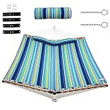 Giantex Hammock Swing Camping Hammock for Stand with Spreader Bar, Detachable Pillow, Hand Woven Cotton Ropes, Outdoor Hammocks for Patio, Backyard, Poolside(Hammock Without Stand) (Blue + Green)