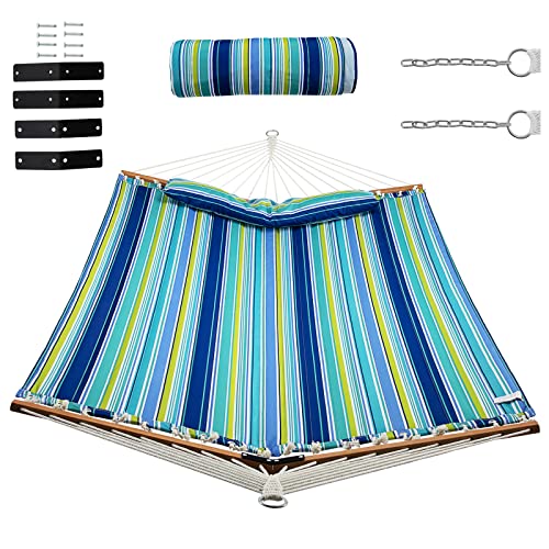 Giantex Hammock Swing Camping Hammock For Stand With Spreader Bar, Detachable Pillow, Hand Woven Cotton Ropes, Outdoor Hammocks For Patio, Backyard, Poolside(Hammock Without Stand) (Blue + Green) #TOP7