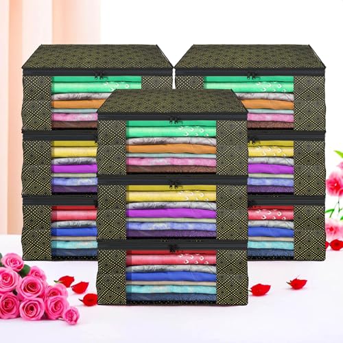 Image of Kuber Industries (Pack of 9) Saree Covers | Non-Woven Saree Bags | Foldable Storage Bag for Almirah & Wardrobe (9 Inch) Clothes Bag for Women (Golden Dot) Sari Cover Bags | Black