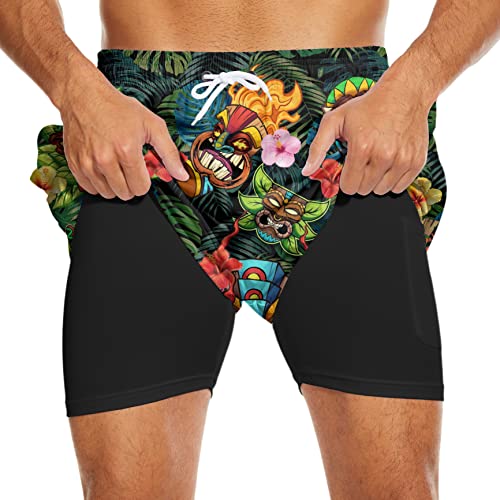 Tiki Swim Trunks Men with Compression Liner Tropical Swimwear Soft Hawaii Swim Short Swimsuit for Men Board Shorts2