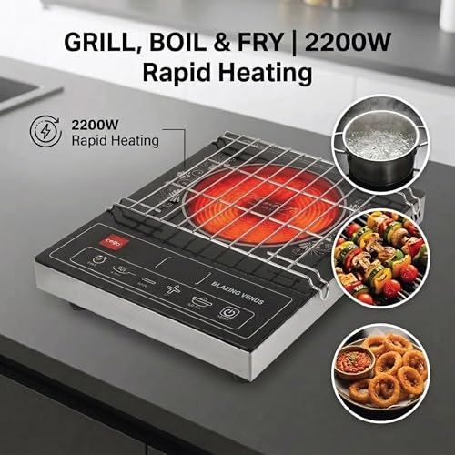 Image of CELLO Blazing Venus Infrared Cooktop Stove 2200W Black | Crystal Glass Top Plate, Sensor Touch Controls, Customized Reset Menu, 11 Stage Power Settings | For Frying Boiling Grilling | 1 Year Warranty