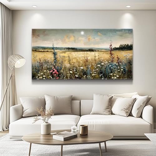 KELIYUAN Large Vintage Natural Field Landscape Painting Home Decor Farmhouse Vintage Meadow Wildflowers Modern Printed Artwork Living Room Decor Bedroom Office Can Be Hung Directly 30 X 60 Inches