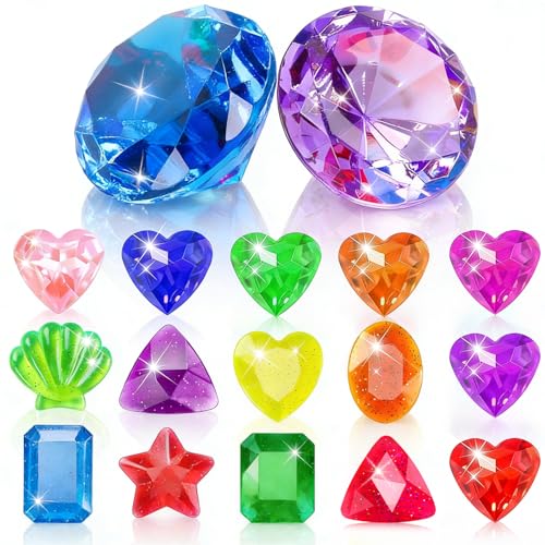 Image of MARFOREVER 16 Pcs Diving Gems Pool Toys Pirate Treasure Chest Gemstones Kid | 2x60 MM Diamond and 14 Colorful Diamond, Swimming Dive Throw Toys, Summer Underwater Swim Training Gifts Games for Boys Girls