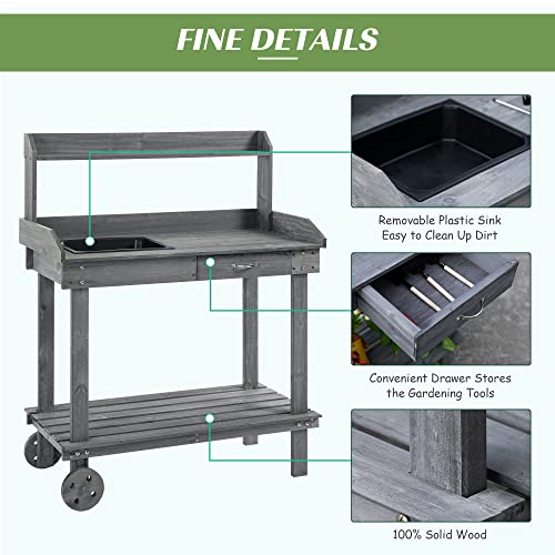 Outsunny-36-Wooden-Potting-Bench-Work-Table-with-2-Removable-Wheels-Sink-Drawer-Large-Storage-Spaces-Gray Outsunny 36 Wooden Potting Bench Work Table with 2 Removable Wheels Sink Drawer Large Storage Spaces Gray