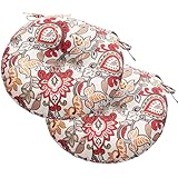 Magpie Fabrics Outdoor Round Bistro Seat Cushions with Ties, 15'x15'x4' Set of 2, Tufted Waterproof Barstool Chair Pads for Patio Home Garden Office, Floral Red Orange