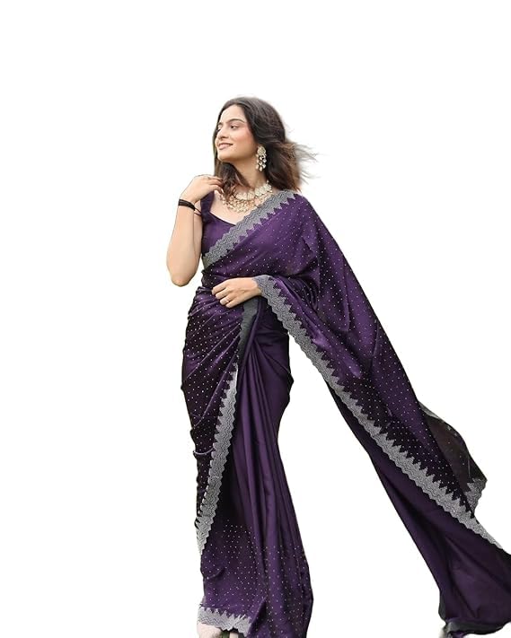 akhilam Women's Satin Silk Hot Fix Solid Saree With Unstitched Blouse Piece-picture-24