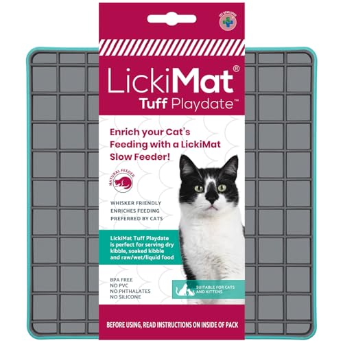 LickiMat Tuff Cat, Heavy-Duty Playdate, Cat Slow Feeder Lick Mat, Boredom Anxiety Reducer; for Food, Treats, Yogurt, or Peanut Butter. Fun Alternative to a Slow Feed Cat Bowl or Dish, Turquoise