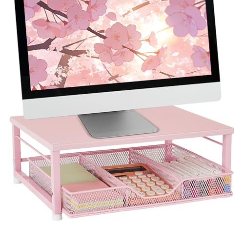 Gugsey Small Pink Laptop Stand for Desk Monitor Stand Office Desk Accessories Computer Desktop Stand with Drawer for Home Office School (Pink)
