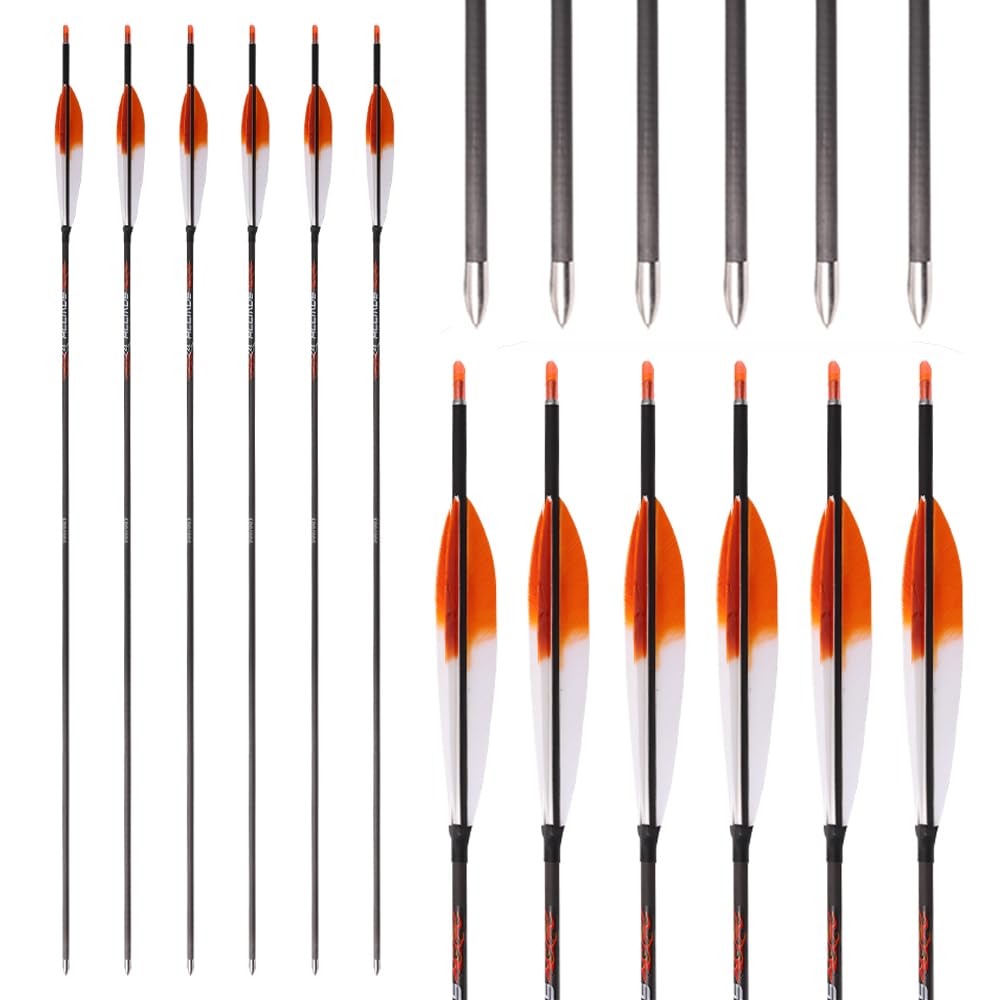 12 pz ID 4,2 mm Frecce in Puro-Carbonio Spine 300 350 400 500 600 700 800 900 1000 1100 1300 1500 1800, Arancione Bianco Gradient Colour Piuma di Tacchino per Pratica di Tiro con L'Arco e Caccia