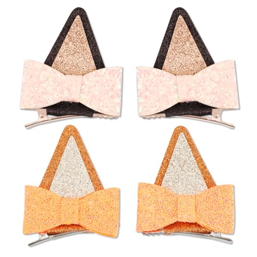 2 Pairs Dog Ears Hair Clips, Cute Glitter Dog Ears Hair Bow Clips Hair Bow Barrettes Hair Accessories for Birthday Halloween Theme Parties for Boys And Girls(Black-Pink, Orange)