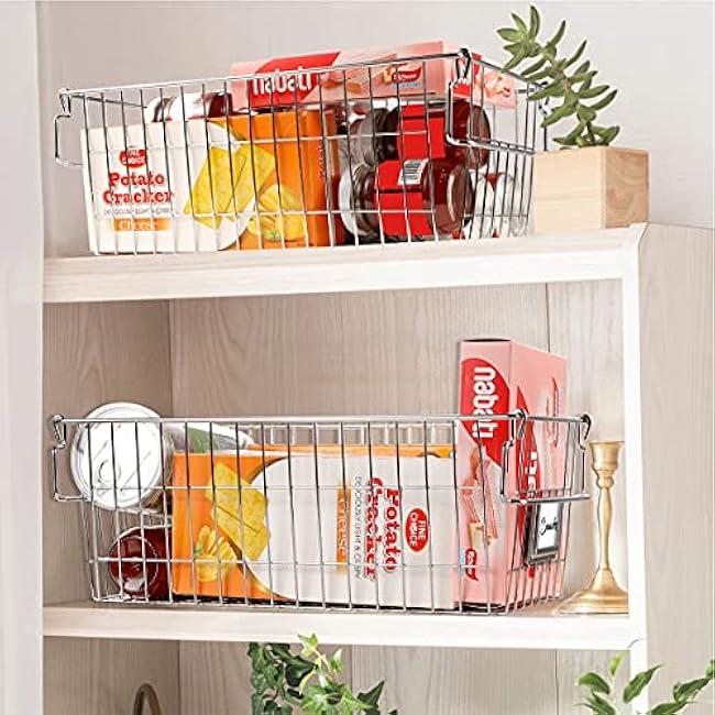 Orgneas Stackable Chest Freezer Baskets Organizer Bins, Metal Wire Baskets Pantry Organizer Produce Baskets with Tag Slot for Snacks Vegetables and Fruits