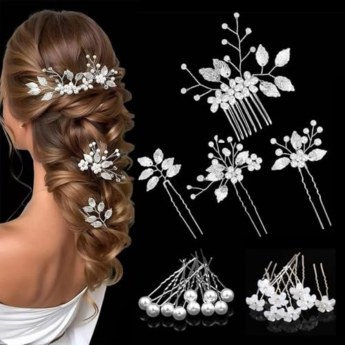 Fjquamitix Wedding Hair Accessories for Women 24 PCS Bridal Bridesmaid Hair Clips Diamante flower Pearl Hair Pins Hair Jewellery Accessories for Flower Girl Bride Wedding Guest