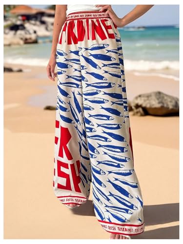 MakeMeChic Women's Boho Fish Print Wide Leg Pants Elastic Waist Loose Fit Trousers with Pockets2