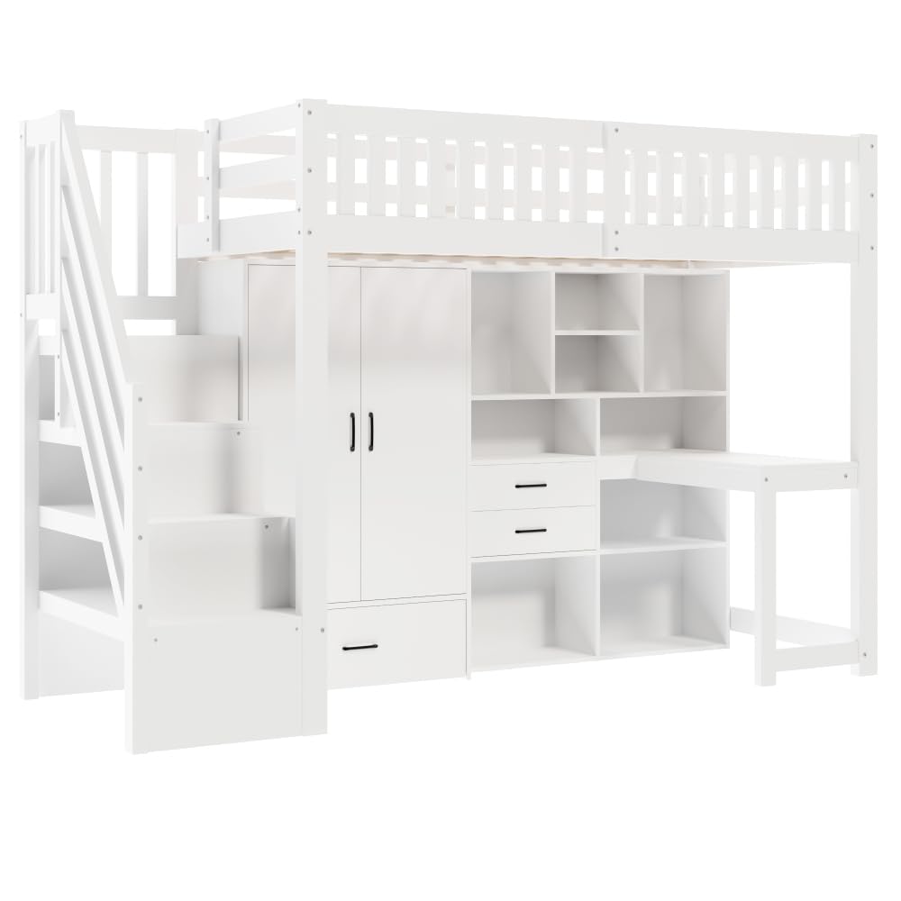 Letto a castello 90x200cm con scrivania e armadio,letto a soppalco per bambini con cassetti e vano portaoggetti,letto castello con Scaletta, struttura letti ragazzi 90x200,Pine,Senza materasso,Bianco