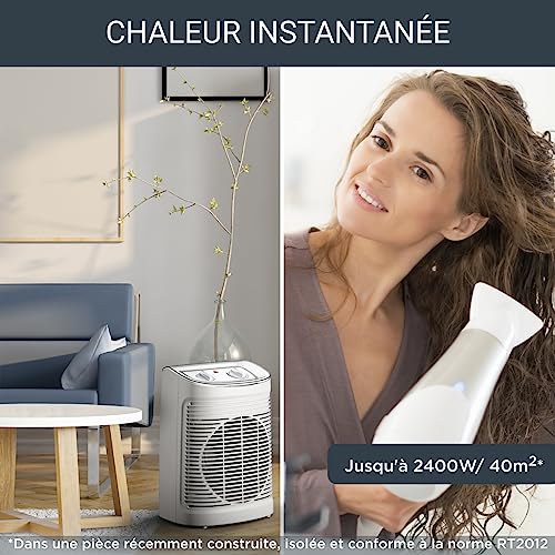 rowenta chauffage soufflant, usage salle de bain, 2 réglages, silencieux, compact, mode éco, transport et rangement faciles, grande diffusion de la chaleur, instant comfort aqua so6510f2