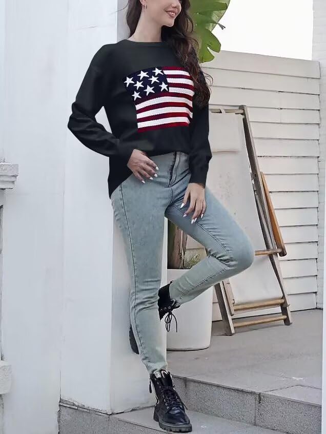 Image of Dressmine Womens American Flag Knit Sweater Crew Neck Long Sleeve Pullover | Casual Loose Graphic Outfits, Fall Sweatshirts, Trendy Clothes, Cute Patriotic Shirt, 2026 Cozy Elasticity Winter Tops