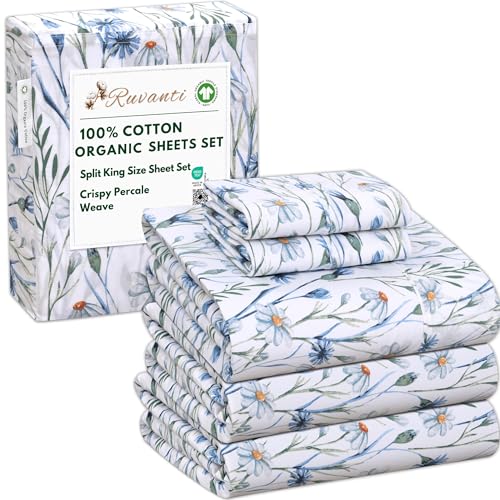 RUVANTI 100% Cotton Organic Percale Sheets Split King Size &ndash; Crisp Cooling Bed Sheets for Hot...