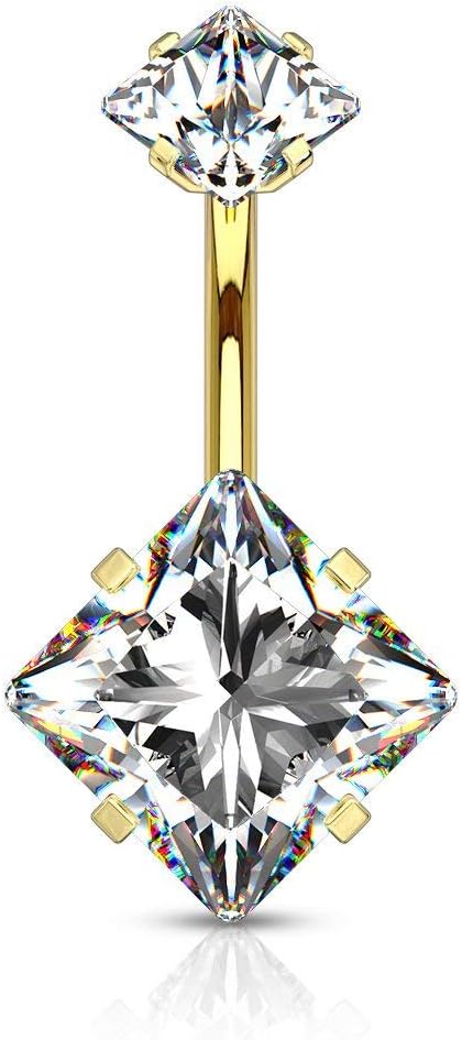 Forbidden Body Jewelry Surgical Steel Belly Button Ring with Square CZ and Internally Threaded Matching Top