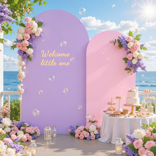 Image of Pink Purple Arch Backdrop Cover for Wedding, 7.2FT 6FT Set of 2 Stretchy Spandex Fitted Arch Stand Cover for Baby Shower, Birthday Party Decor, Chiara Backdrop Cover with Double-Sided Design