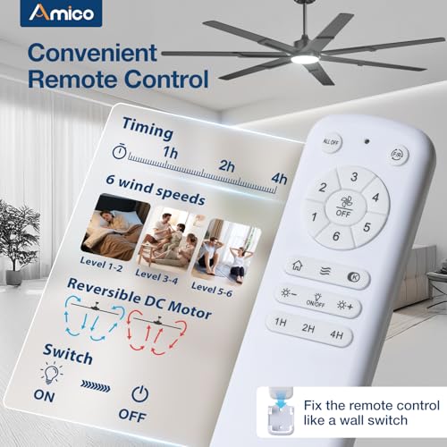 Image of Amico Ceiling Fans with Lights,74 inch Black Ceiling fan with Light and Remote, 6 Speed Reversible DC Motor, 3CCT, Dimmable, Quiet, Timer, Large Modern Ceiling Fan for Living room, Indoor /Outdoor
