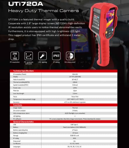 UNI-T Uni-Trend Cámara térmica IR UTI720A Cámara de imagen térmica Transmisión de imagen en tiempo real HD 256X192 Pixels Protección IP65 (UTi720A) miniatura 5