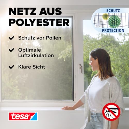 tesa Pollenschutzgitter - zuschneidbarer, transparenter Pollenschutz für Allergiker - für nach innen öffnende Fenster - inkl. Selbstklebendem Klettband - Anthrazit - 130 cm x 150 cm