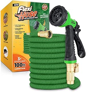 Flexi Hose Upgraded Expandable Garden Hose Pipe Including 8 Function Spray Gun Nozzle - Extra Strength with 2 cm Solid Brass Fittings - No-Kink Flexible Garden Hoses (Green 30 Metres)