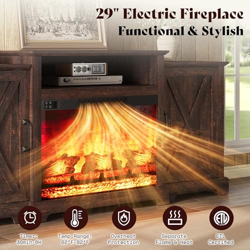 Image of AMERLIFE 70 inch Farmhouse Fireplace TV Stand with Storage for TVs up to 80 inch | Entertainment Center with 29 inch Electric Fireplace, Media Console with 2 Cabinets & Adjustable Shelf, Rustic Brown