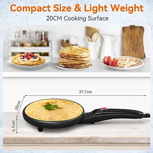 Crepes Maker, Elektrischer CrêpeMaker mit Griff, Antihaftbeschichtung, Heizfläche mit Ø 20 cm, 800W, Automatische Temperaturkontrolle, Einfache Bedienung, Für Crepes, Pancakes und Taccos. – Bild 7