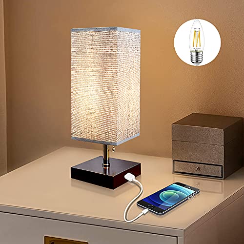 Depuley Lampe de Table avec Port USB Rechargeable, Lampe Chevet de Nuit E27 Chambre Moderne, Bois Léger et Abat-jour Carré en Tissu, Interrupteur Zip - Ampoule LED Fournie (3000K Blanc Chaud)