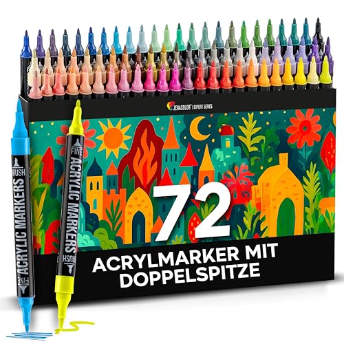 Zenacolor - 72 Farben Acrylstifte für Steine Wasserfest - mit Doppelspitze - Feine und Pinsel - Für Verschiedene Oberflächen Geeignet - Multimarker Acryl
