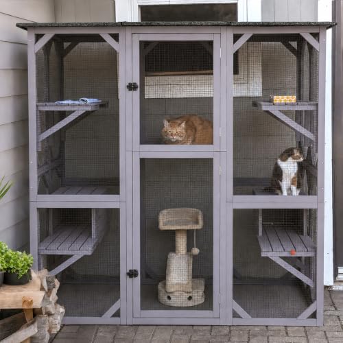 Image of Aivituvin Cat House Window Outdoor Catio Cat Enclosures with 5 Platforms, 2 Resting Boxes Large Walk in Kitty House with Weatherproof Tarp Roof, 71.1 inch L x 34.6 inch W x 70.8 inch H Grey