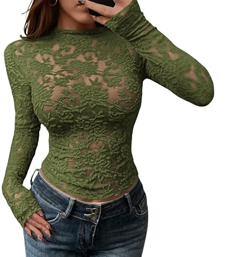BTFBM Mesh Long Sleeve Tops for Women Lace Sexy Sheer Tight See Through Crew Neck Spring Fall 2026 Party Club Outfits
