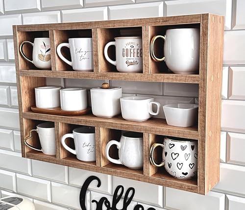 Image of Hamdan Collection Wall Mounted Mug Shelf - Coffee Cup Storage - Kitchen Wall Rack - Floating Cup Organizer - Rustic Coffee Bar Shelf (9 Comp)