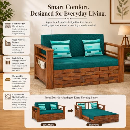 Image of Douceur Furnitures Solid Sheesham Wooden 2 Seater Sofa Cum Bed with Mattress & 2 Cushion and Side Pockets,Wood Foldable Convertible Sofa Diwan Cum Bed for Living Room and Bedroom,Natural Teak Finish