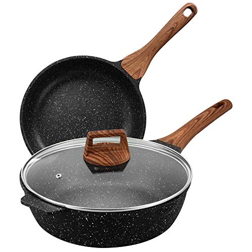 ESLITE LIFE Nonstick Frying Pan Set, 9.5 Inch Frying Pan, 11 Inch Saute Pan with Lid, 3 Pieces