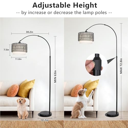 Image of Boho Floor Lamps for Living Room, Arc Floor Lamp for bedroom with Remote and Dimmable Bulb, Over Couch Standing Lamp, Farmhouse Tall Lamp with 3 Color Temperatures, Height Adjustable Corner Floor Lamp