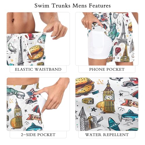 xigua Cartoon USA Landmarks Mens Swim Trunks with Liner, 5 inch Quick Dry Mens Boardshorts for Beach3