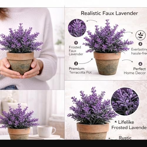 Image of Garden Art Artificial Lavender Plant in Rustic Pot - Realistic Faux Lavender Flowers for Home Decor, Office Desk, Tabletop, Farmhouse & Modern Decoration (P-093Pink)