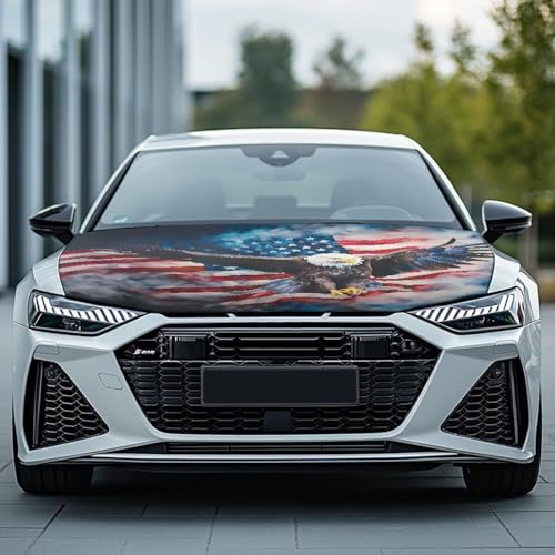 Image of Renewold Stylish American Flag Eagle Print Car Hood Cover Protector Hood Covers for Cars Decorative Wrap Blanket Women Men Automotive Exterior Accessories for Most Sedan Small SUV Truck