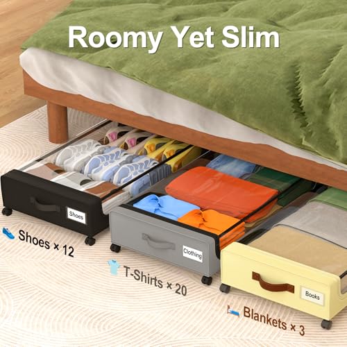Image of GoMaihe Under Bed Storage with Wheels:48L Underbed Storage Containers with Lids - Rolling Bins for Shoes Clothes in Dorm Bedroom - Metal Drawers Easy Pull-out Beige 4-Pack