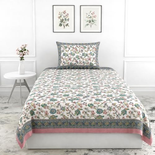 Image of elanorhomes 100% Cotton 240 TC Single Bed Sheet Set | Floral Hand Printed Bedsheet with Pillow Cover | Soft Breathable Fabric for Bedroom | 60x90 Inches (Rose Azure)
